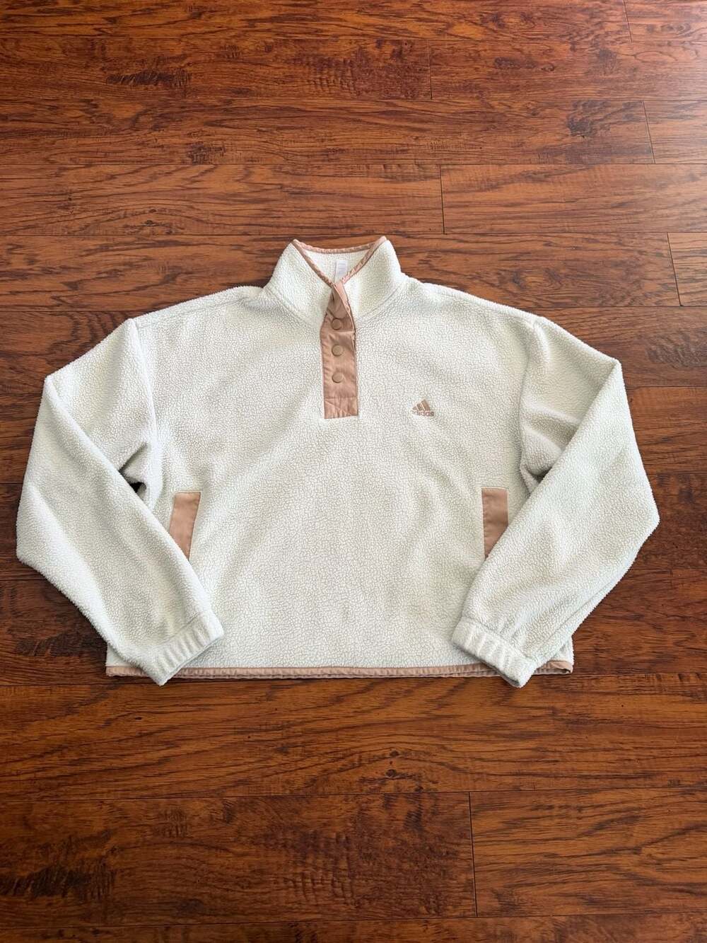 Adidas Sherpa Fleece Quarter-Snap Pullover Cream Tan Size L